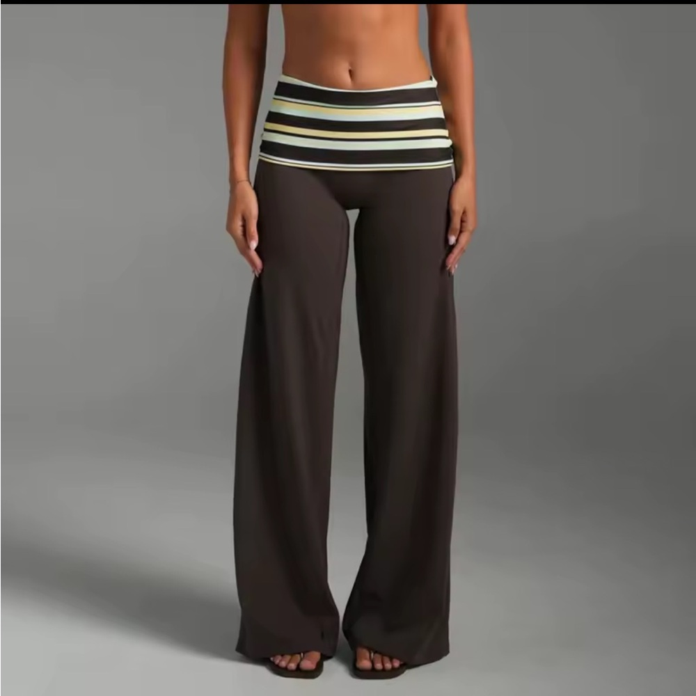 Wide-Leg Yoga Pants with Fold-Over Stripe Waistband - Brown